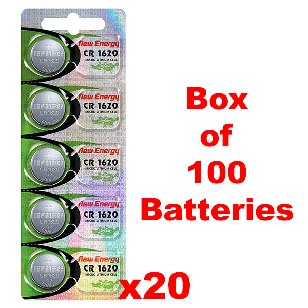 New Energy CR1620 - Box of 100 Batteries - 20 strips of 5 Batteries